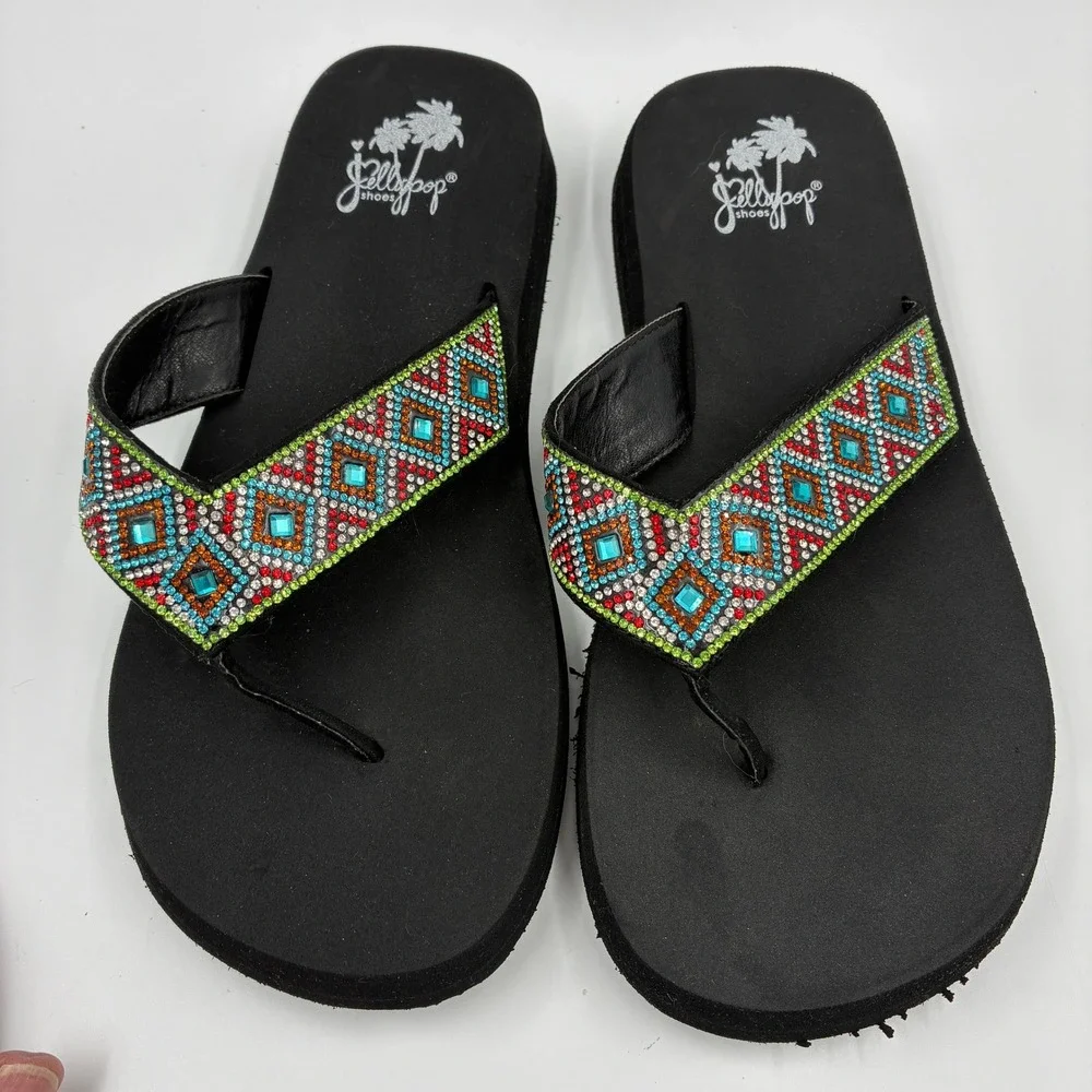 Jellypop Women's Flip Flops Size 9M Embellished Rhinestone Beaded Straps Black‎